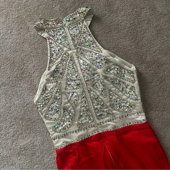 Champagne Silver and Red Embellished High Slit Halter Train Dress - Picture 3 of 7